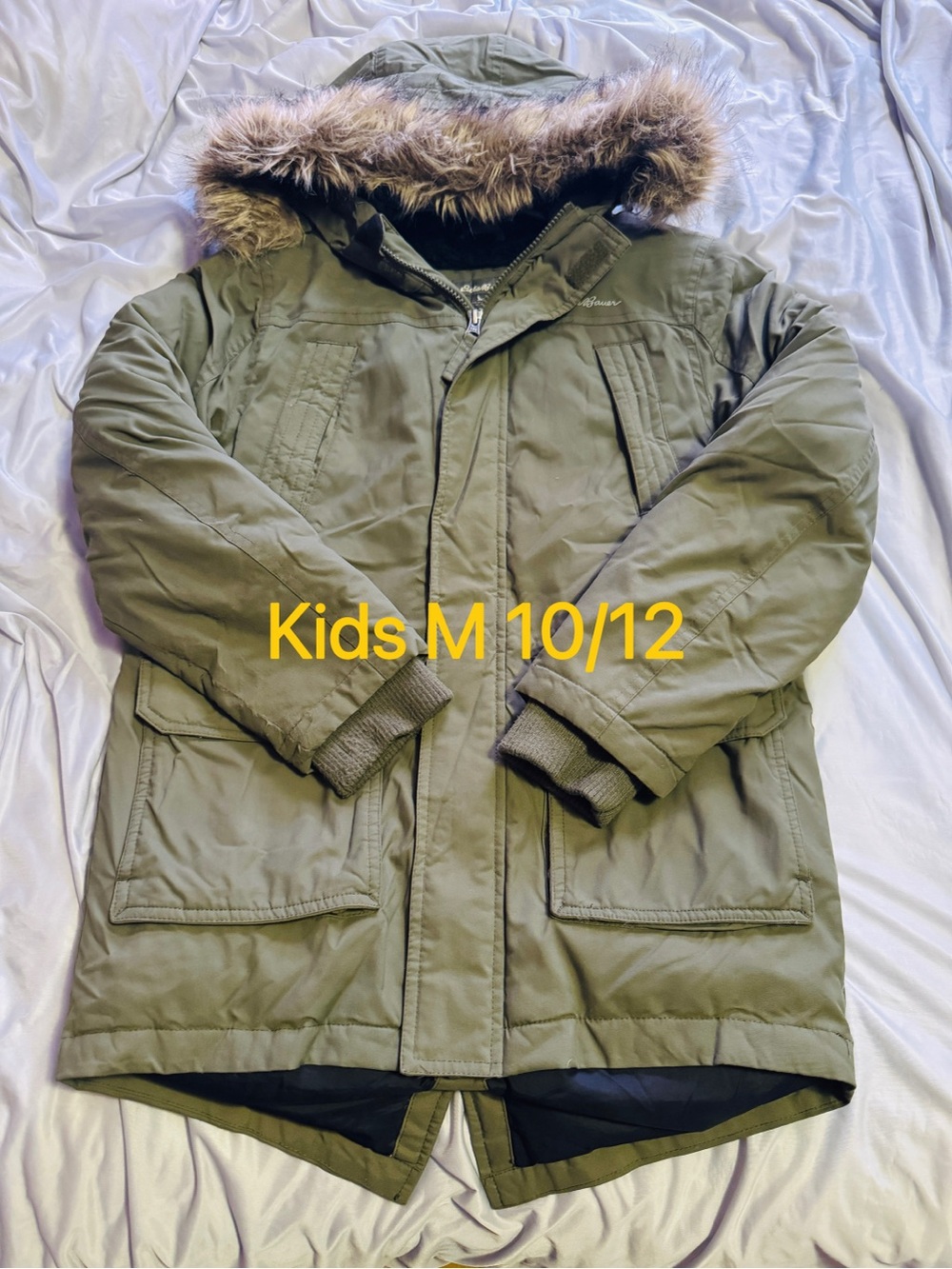 Eddie Bauer Olive Green Faux-Fur Trim Hooded Classic Parka Jacket